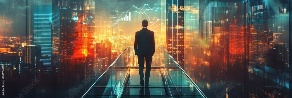 Poster a silhouette of a businessman against a futuristic cityscape with data visualizations.