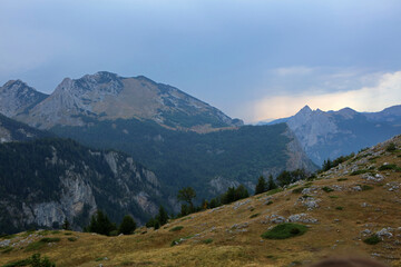 Hiking path and mountain landscape in Sutjeska National Park near Maglic peak, Dinaric Alps, Bosna and Herzegovina