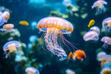 Jellyfishs swimming with other sea fishes in blue ocean underwater outdoors animal,