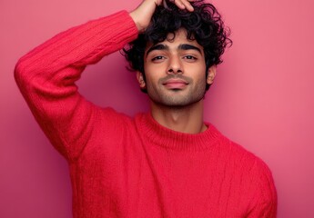 handsome young Indian man wearing a red sweater is thinking with his hand on his head