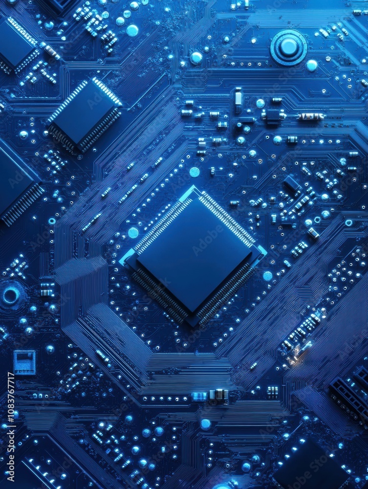 Leinwandbilder Detailed close-up reveals a microprocessor and metallic gears on a blue circuit board, highlighting advanced electronics and design. Generative AI