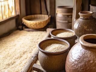 Traditional sake brewing, highlighting the intricate fermentation process using rice and koji mold