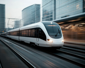 Naklejka premium modern train speeding through cityscape, showcasing sleek design and motion. urban environment features tall buildings and dynamic atmosphere
