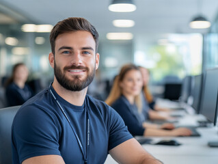 Fototapeta premium confident man with beard smiles at camera in modern office setting, surrounded by colleagues working on computers
