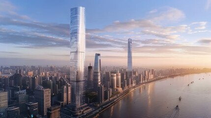 Fototapeta premium Aerial View of Modern Skyscrapers and City Skyline at Sunset Over River in Urban Landscape, Featuring Towering Buildings and Scenic Waterfront