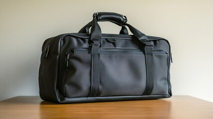 Black duffle bag on wooden table against plain wall