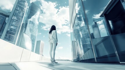 Fototapeta premium Beautiful woman in white outfit stands on a rooftop terrace overlooking modern skyscrapers under a bright blue sky with scattered clouds in a vibrant urban setting