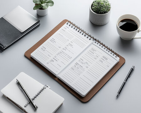 stylish workspace featuring planner, pens, and coffee, perfect for organization and productivity. clean layout enhances focus and creativity