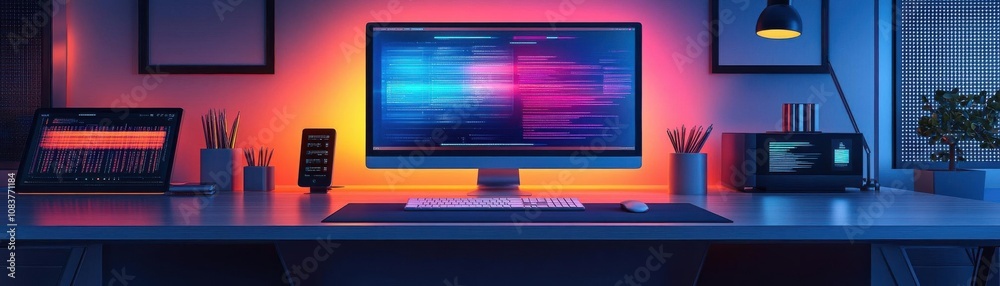 Poster a modern workspace featuring a glowing computer screen with data visualizations, surrounded by tech 