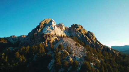 Obraz premium Majestic Rocky Mountain Landscape at Dawn with a Clear Blue Sky and Vibrant Natural Details of Pine Trees and Dramatic Rock Formation