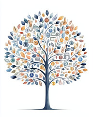 decorative tree illustration featuring various currency notes and coins among its leaves, symbolizing wealth and prosperity. design is colorful and artistic, evoking sense of abundance
