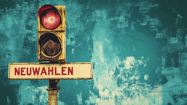 Rotes Ampellicht signalisiert Neuwahlen vor einem strukturierten blauen Hintergrund, symbolisiert eine wichtige Entscheidung oder Wahl