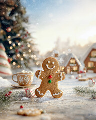 A charming realistic gingerbread man scene in a holiday setting with a christmas tree, gingerbread houses, snowflakes, christmas tree and lights, a cup of cocoa and marshmallows