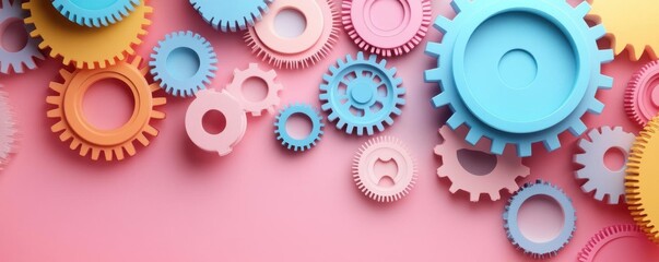 A vibrant arrangement of colorful plastic gears in various sizes against a soft pink background, showcasing creativity and playful design.