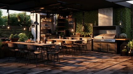 Fototapeta premium A photo of a modern barbecue joint with a vibrant outdoor