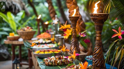 A detailed shot of a summer luau party setup with tiki torches, a buffet table filled with tropical dishes, and colorful decorations.