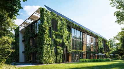 Obraz premium Modern Eco-Friendly Building Surrounded by Lush Greenery with Solar Panels, Showcasing Sustainable Architecture and Harmonious Integration into Nature