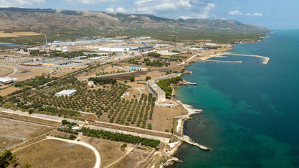Aerial view of the industrial port of Manfredonia, located in the province of Foggia, in Puglia,...