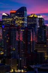 Travel destination Calgary. Panoramic view of skyline in the autumn season with bankers hall and Calgary tower