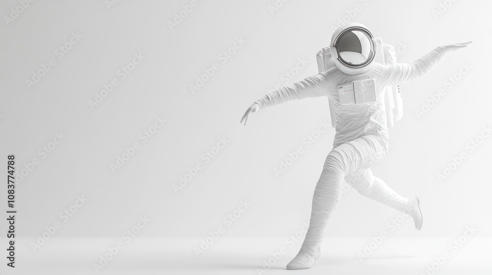 Poster a white astronaut figure in motion against a minimalistic background.