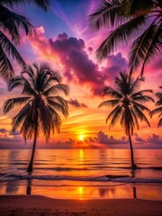 Obraz premium Calm warm evening sunset over the tranquil sea the sky, palm trees and tropical beach in the background