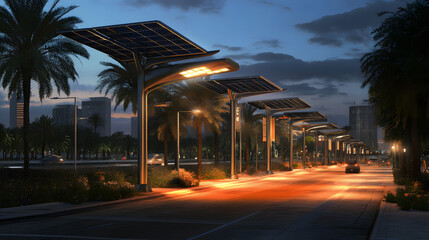 Naklejka premium A solar-powered public lighting system that uses solar panels to power street lights, reducing energy consumption and promoting sustainable urban development.