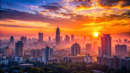 Obraz premium Beautiful sunset with dramatic sky over a bustling cityscape, skyscrapers silhouetted against colorful sky, urban twilight