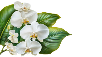Naklejka premium Vibrant white orchids with lush green leaves in a serene setting.