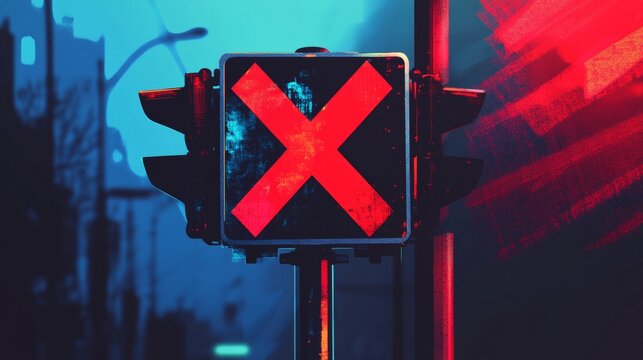 Stoppzeichen mit rotem X, das auf ein Zutrittsverbot in einer st&auml;dtischen Stra&szlig;enszene hinweist