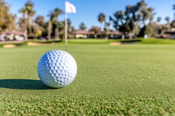 Fototapeta premium A golf ball rests on a green putting green with the flag in the background.