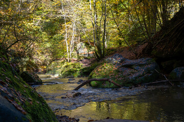Scenic diversity of Mullerthal, Luxembourg's Little Switzerland, Schiessentumpel Cascade hiking routes, rock formations, forests, tourist destination in Europe