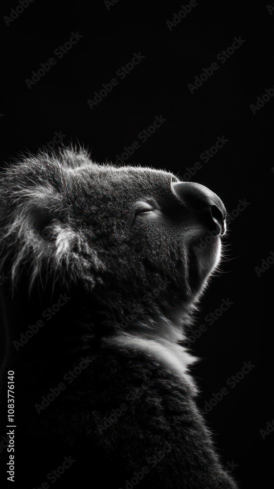 Poster a monochrome portrait of a koala, capturing its serene expression against a dark background.
