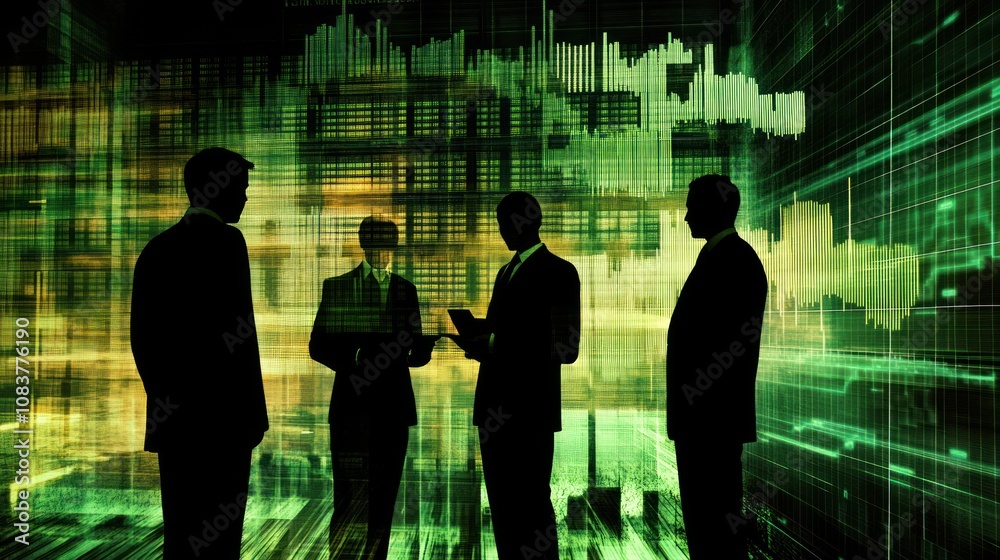 Aufkleber silhouetted business people discussing data against a digital background.