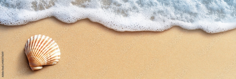 Poster soft golden sand holds a solitary seashell as waves quietly wash over the beach during a peaceful su
