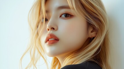 Fototapeta premium Beautiful model girl with blond hair strand,silky healthy chestnut wavy golden hair strand,hair wavy ribbon,Keratin straightening,Treatment,straight long hair,procedures,Smooth hairstyle.