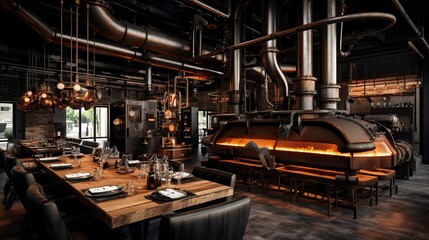 Fototapeta premium Industrial-themed restaurant interior with warm lighting, exposed pipes, and modern furniture.