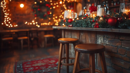 Festively decorated bar with wooden stools and cozy holiday ambiance filled with lights 
