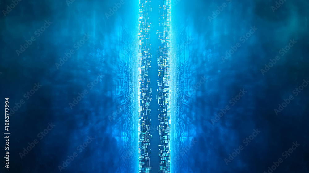 Poster a blue background with a computer chip design running vertically in the center. the design is faint 
