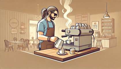 a man steaming milk in a cozy caf&eacute; setting background