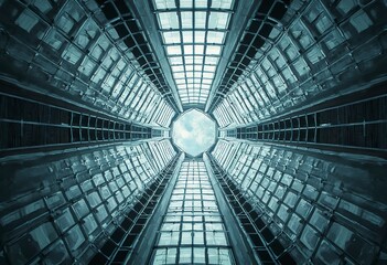 Naklejka premium A symmetrical architectural structure with a repeating pattern of glass and metal panels, creating a futuristic and geometric design
