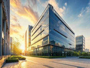 Obraz premium Modern office buildings bathed in sunset light