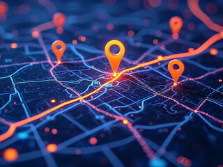 Digital holographic street map soft focus blue and neon orange tones with pinpoint markers