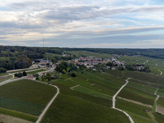 Fototapeta premium Panoramic aerial view on green premier cru champagne vineyards and fields near village Hautvillers and Cumieres and Marne river valley, Champange, France