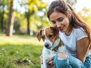 Woman enjoys time with her dog in a sunny park