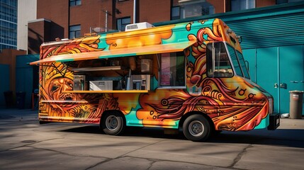A photo of a modern taco truck with a vibrant exterior