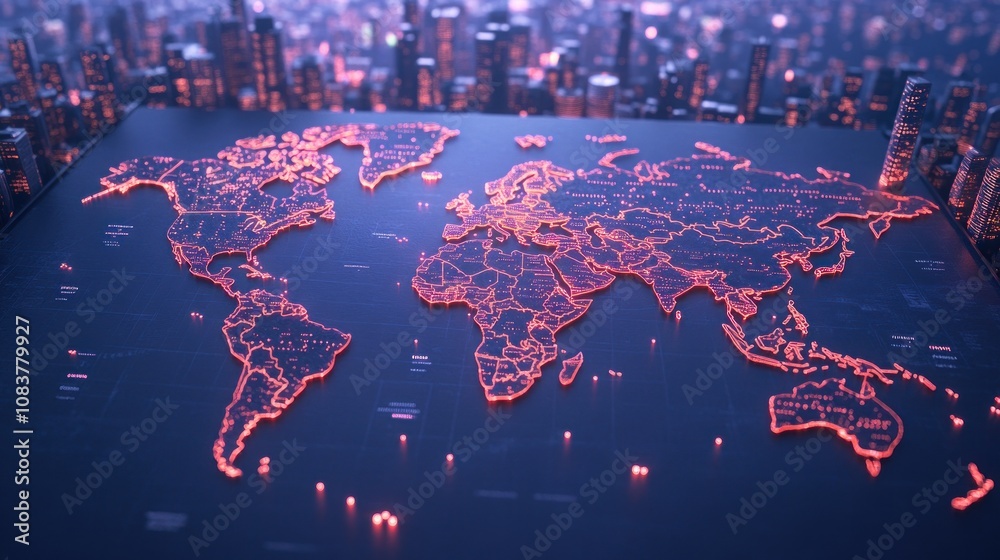 Poster Global map visualization cityscape background digital art futuristic environment aerial view geographical concepts for enhanced seo impact
