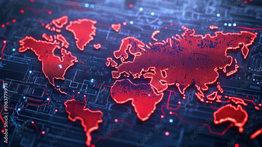 Poster Global digital network visualization world map infographic high-tech environment aerial view digital connectivity concept