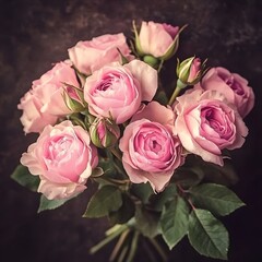 A bouquet of delicate pink roses with lush green leaves, showcasing their beauty and elegance against a dark background.