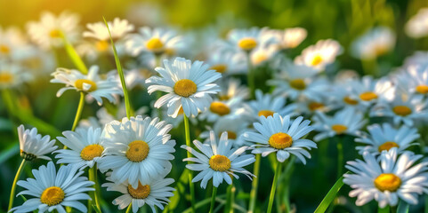 Fototapeta premium A beautiful spring meadow, dotted with daisies, offers a nature background on a sunny day.