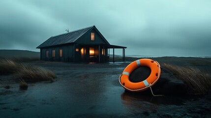 Obraz premium Remote cabin with warm lights in windows on a dark coastal landscape featuring an orange lifebuoy on the ground under a moody, cloudy sky.